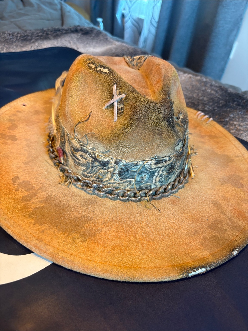 Women’s Distressed Brown Leather Hat with Decorative Band- Raven